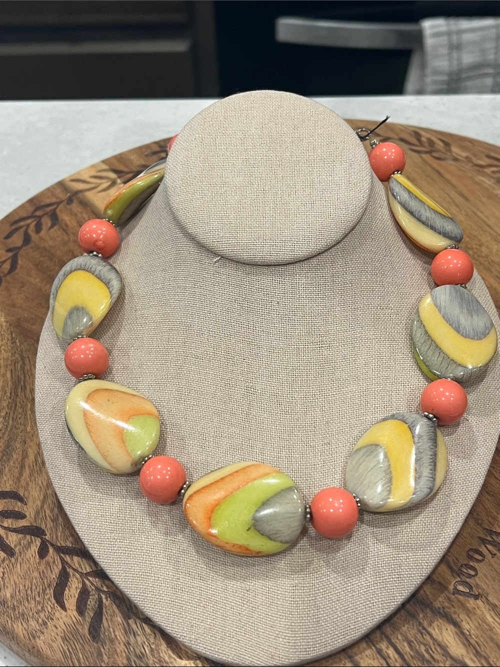 Vintage JS Collections Coral, Yellow, Green,Gray Lucite, acrylic ? Bead Necklace